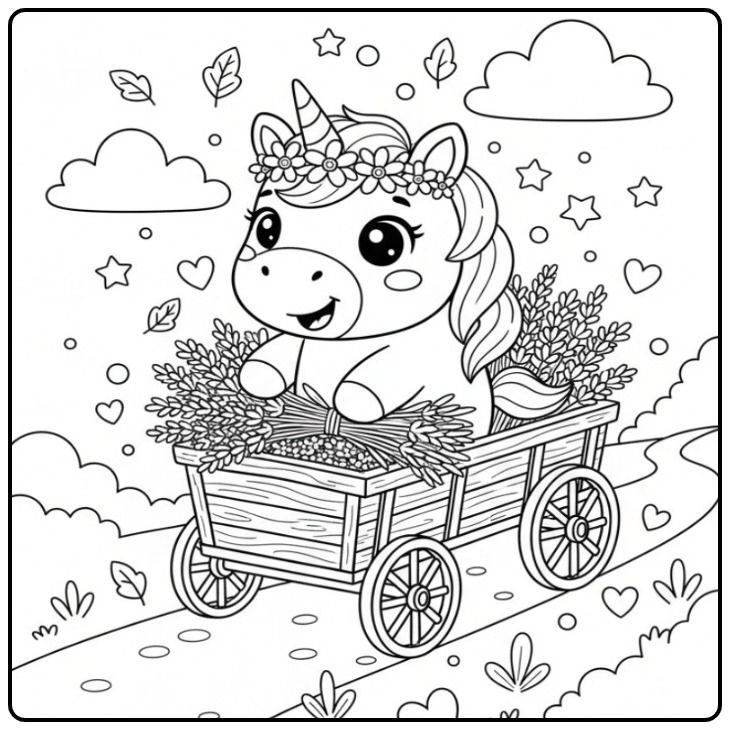 Joli Coloriage licorne et lavande dans une charrette en bois.