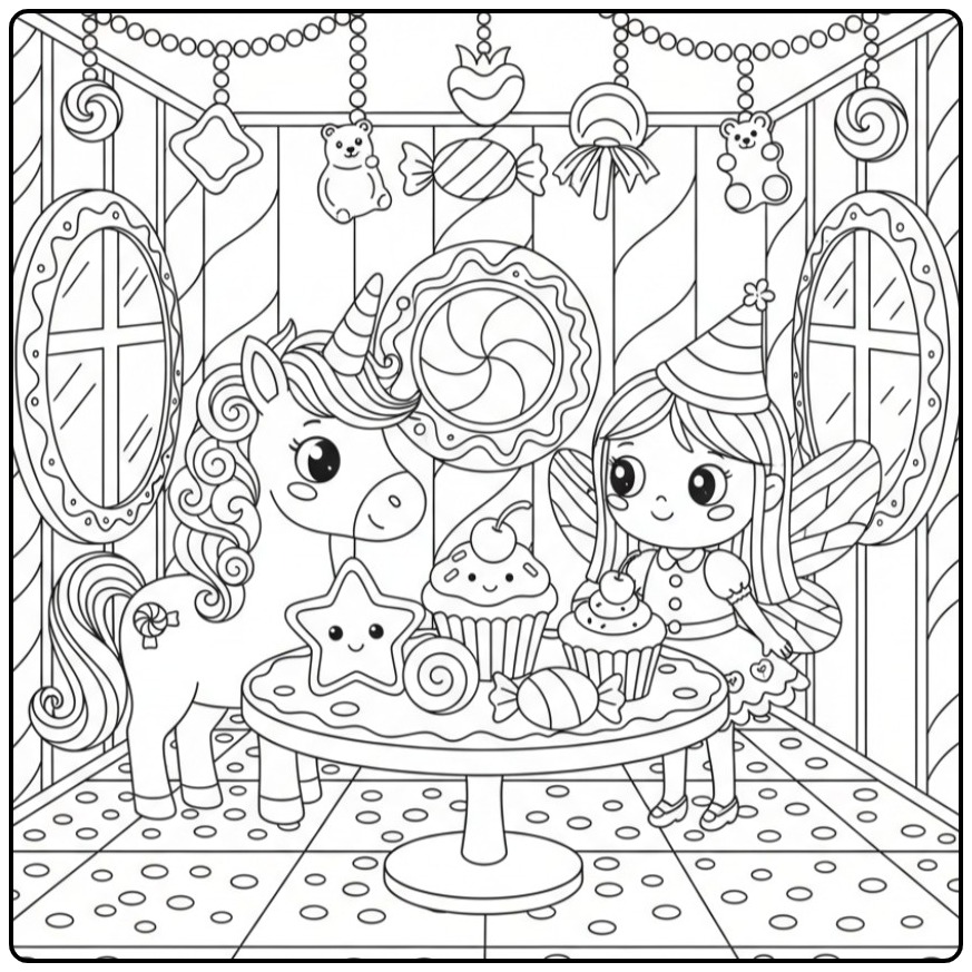 Jolie scène de Coloriage Licorne et Pays des Bonbons avec fée.