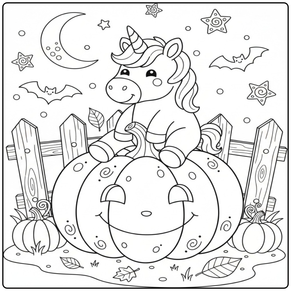 Joli Coloriage licorne Halloween et citrouille souriante.