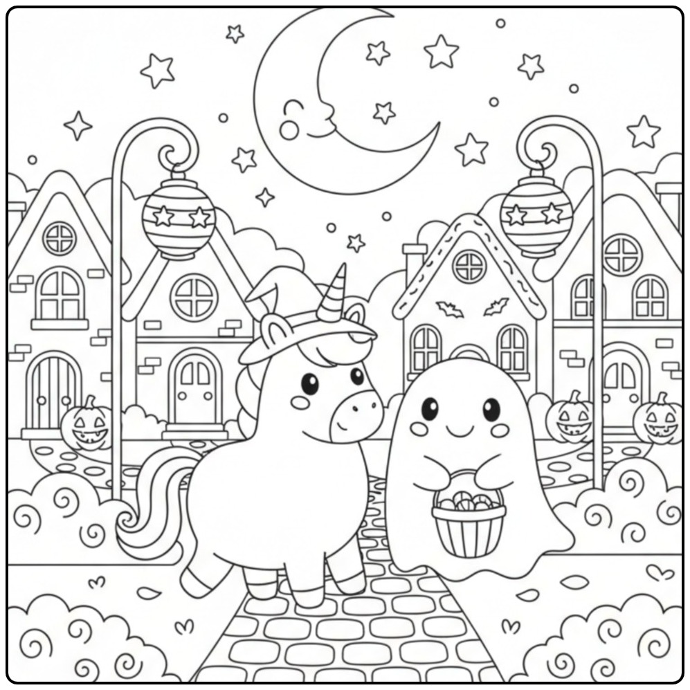 Un mignon Coloriage licorne Halloween et fantôme dans un village.