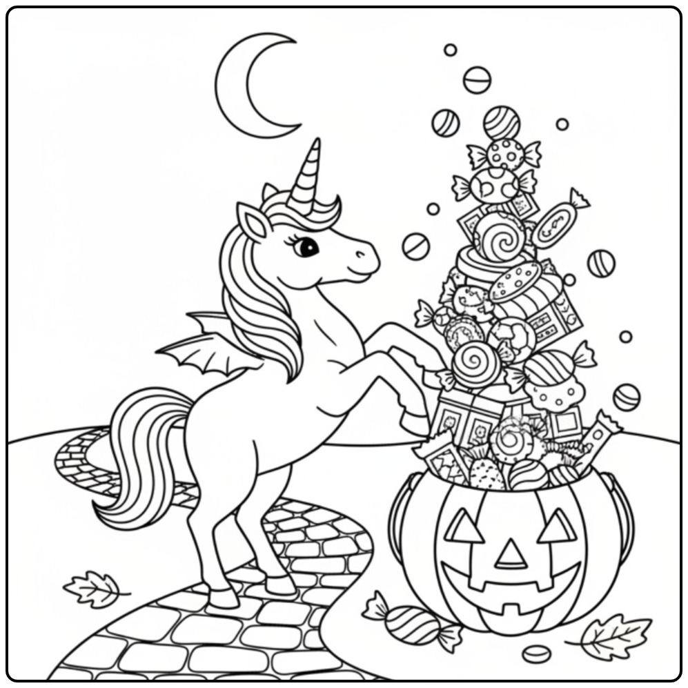 Un mignon coloriage licorne halloween avec une citrouille bonbons.