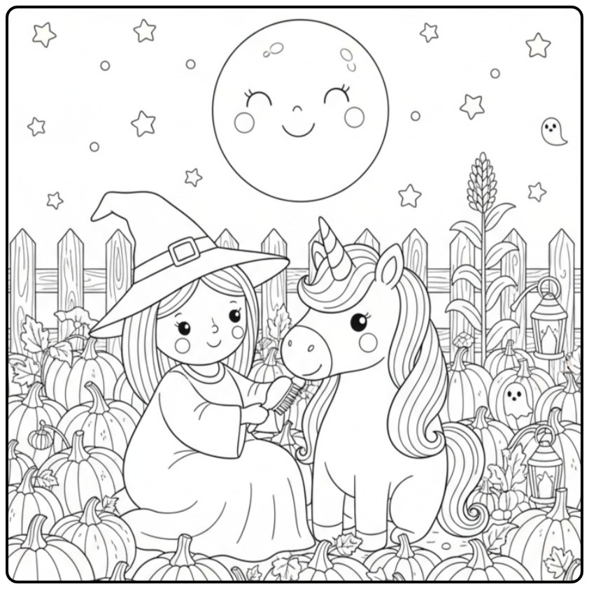 Une jolie scène de Coloriage licorne Halloween et sorcière.