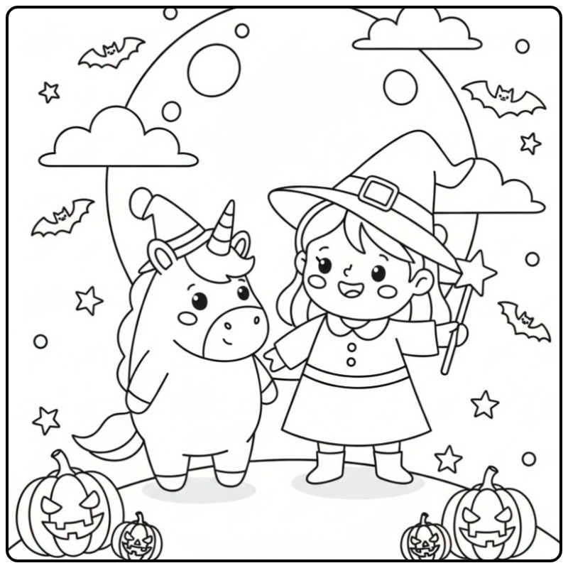 Joli Coloriage licorne Halloween et sorcière avec citrouilles.