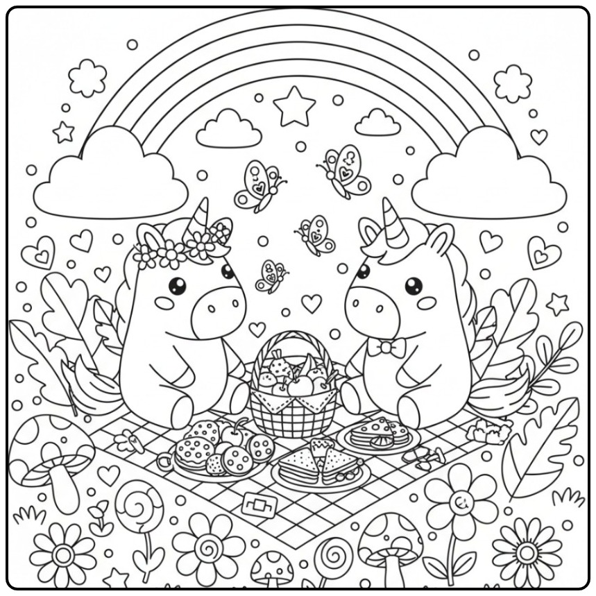 Joli Coloriage licorne papillon avec un arc-en-ciel en pique-nique.