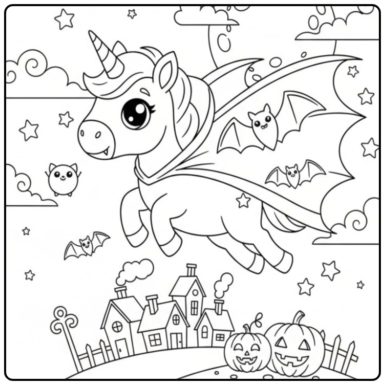 Coloriage licorne vampire Halloween volant dans le ciel étoilé.