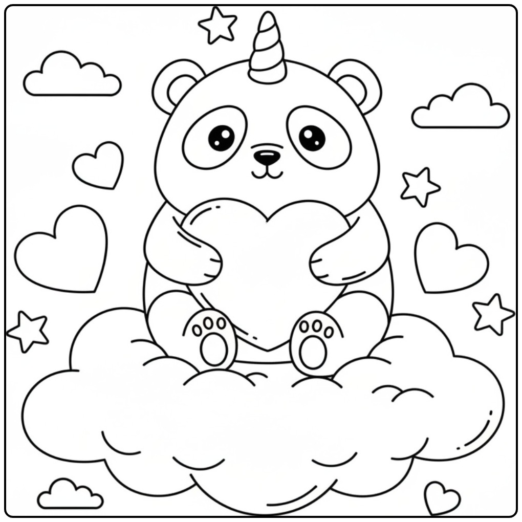 Un mignon Coloriage panda licorne avec des cœurs sur un nuage.