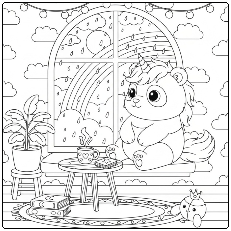 Adorable Coloriage panda licorne et arc-en-ciel par temps de pluie.