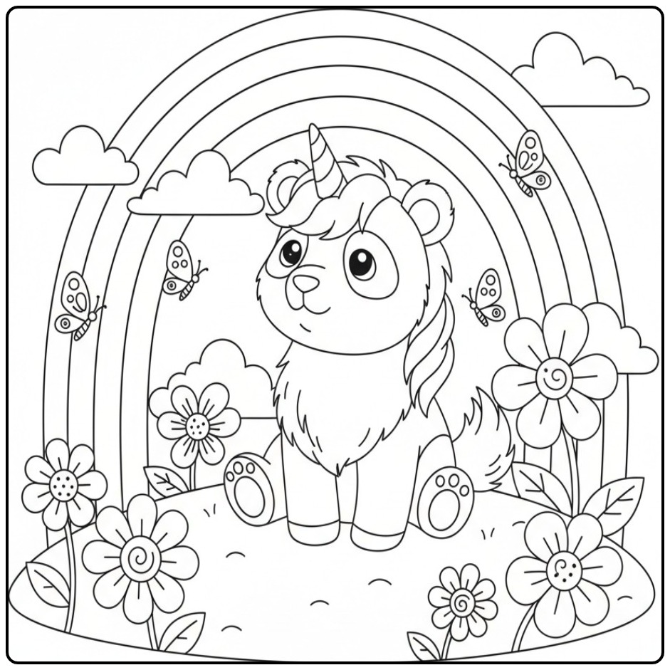 Adorable Coloriage panda licorne et arc-en-ciel à imprimer.