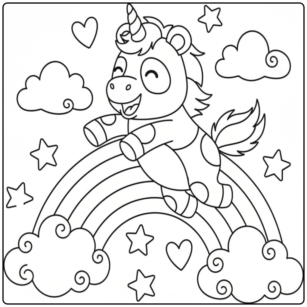 Joyeux Coloriage panda licorne et arc-en-ciel dans le ciel.
