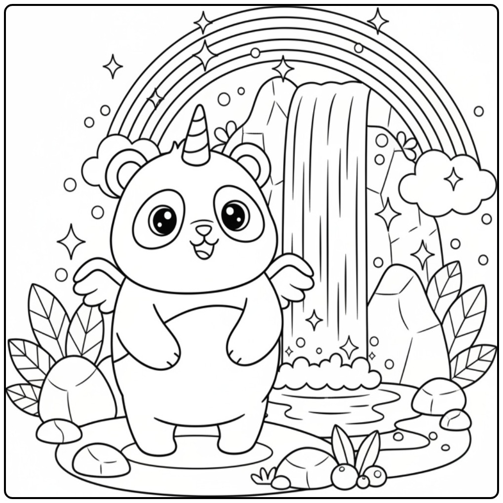 Un mignon Coloriage panda licorne et arc-en-ciel à imprimer.