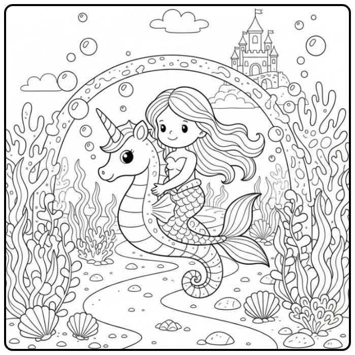 Joli Coloriage sirène et hippocampe licorne sous l'océan.