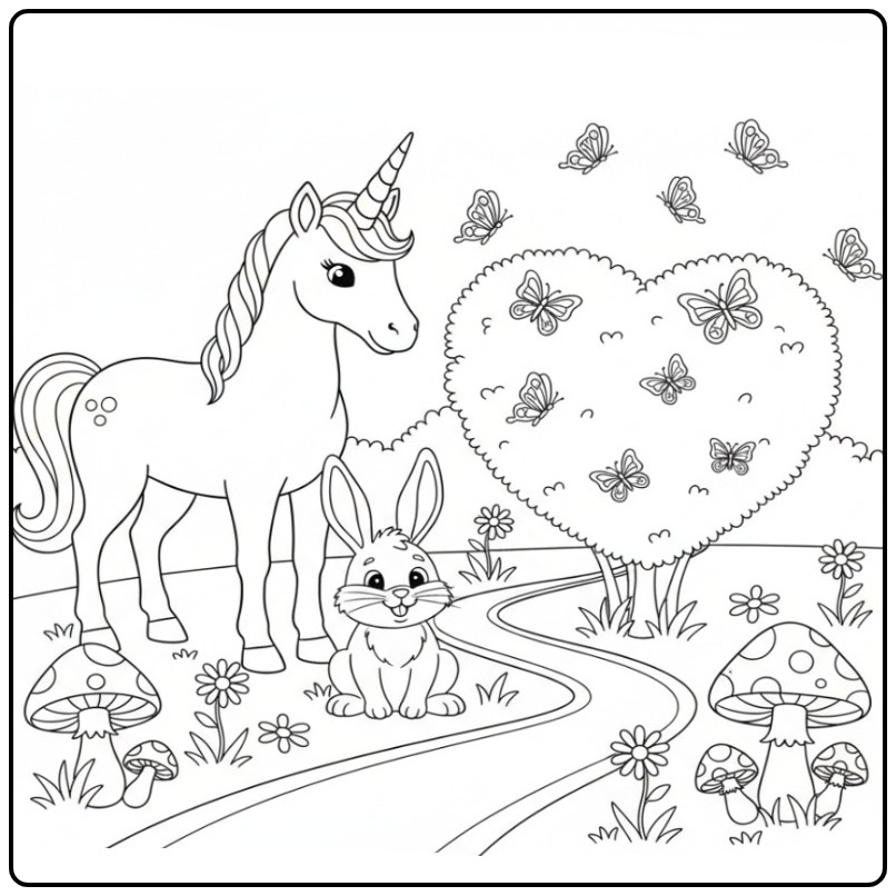 Joli coloriage licorne papillon avec un lapin et des champignons.