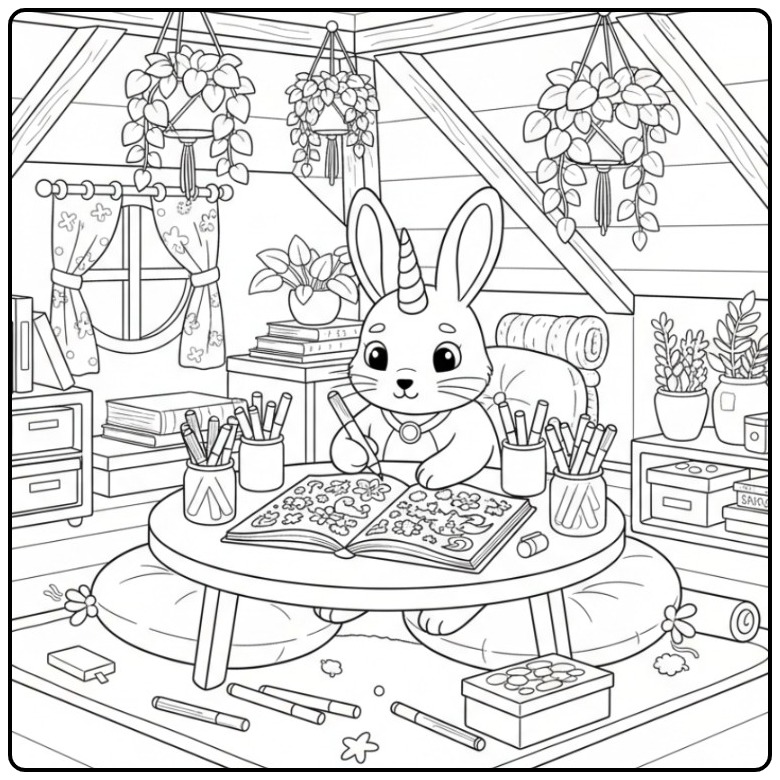 Un joli coloriage lapin licorne dans son grenier créatif.