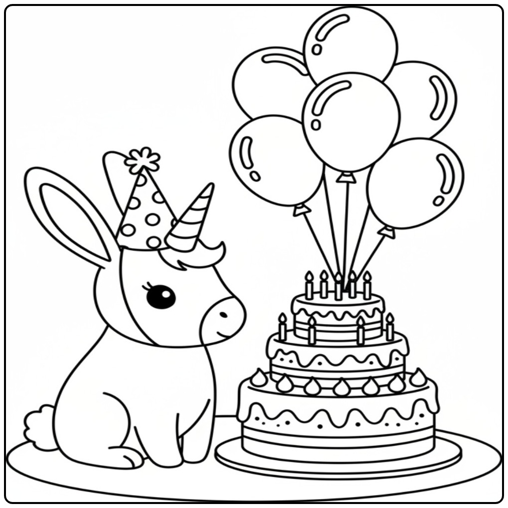 Un joli coloriage lapin licorne avec un gâteau et des ballons.
