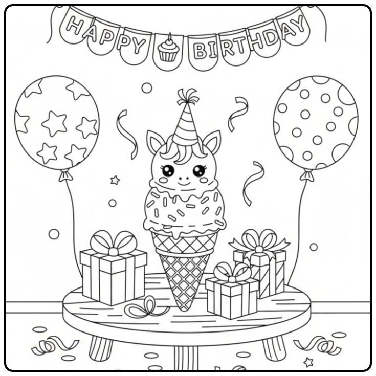Scène de fête d'anniversaire avec un coloriage glace licorne.