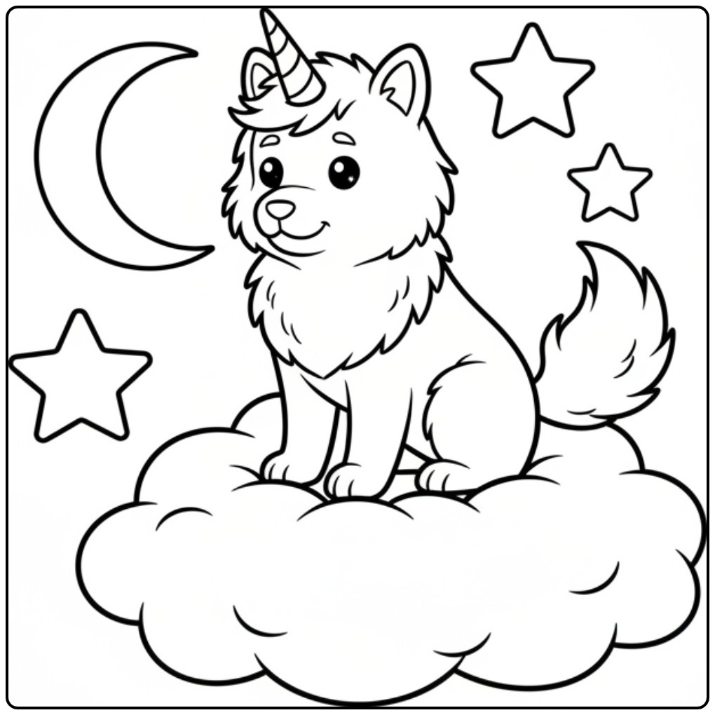 Un mignon coloriage chien licorne assis sur un nuage la nuit.