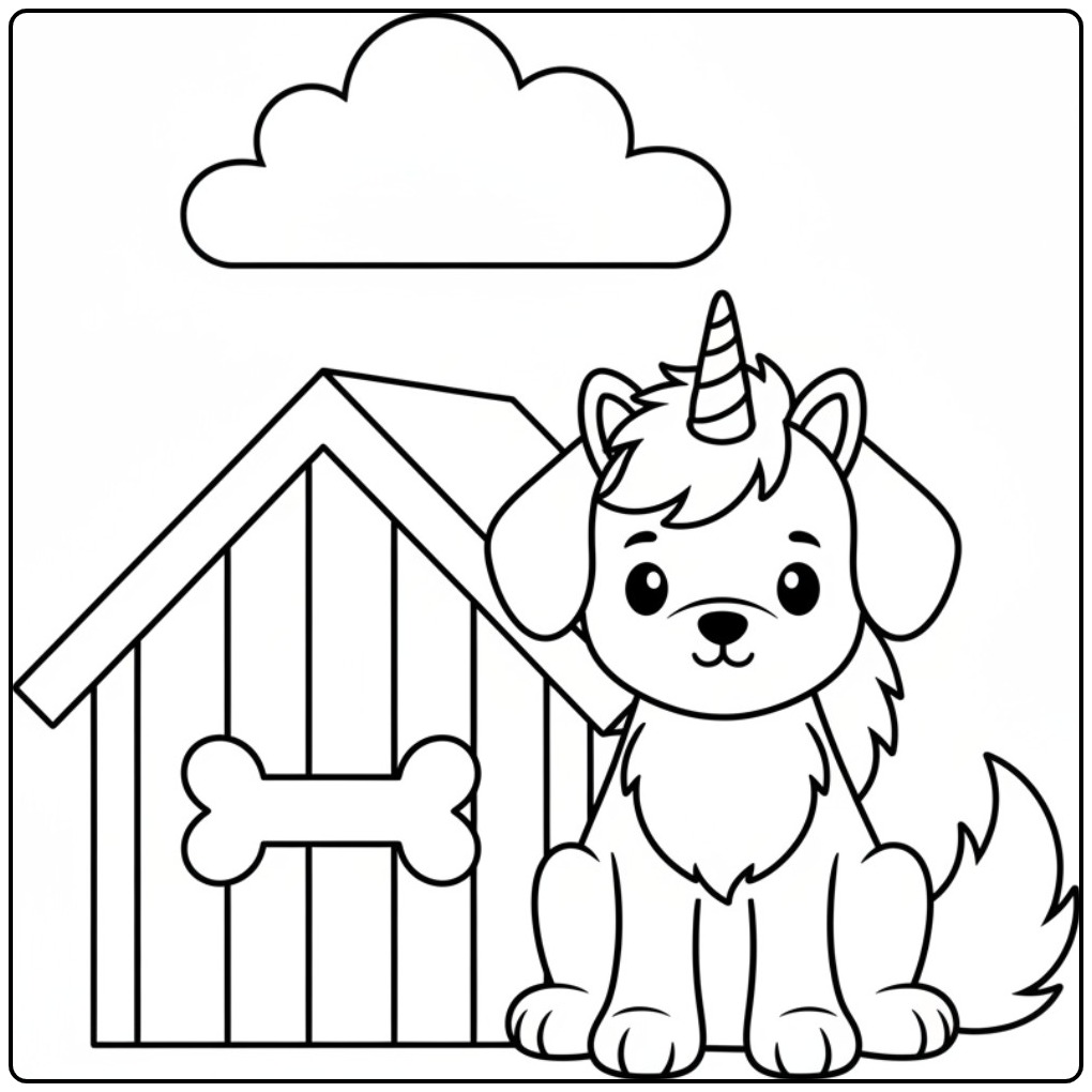 Un adorable coloriage chien licorne assis près de sa niche.