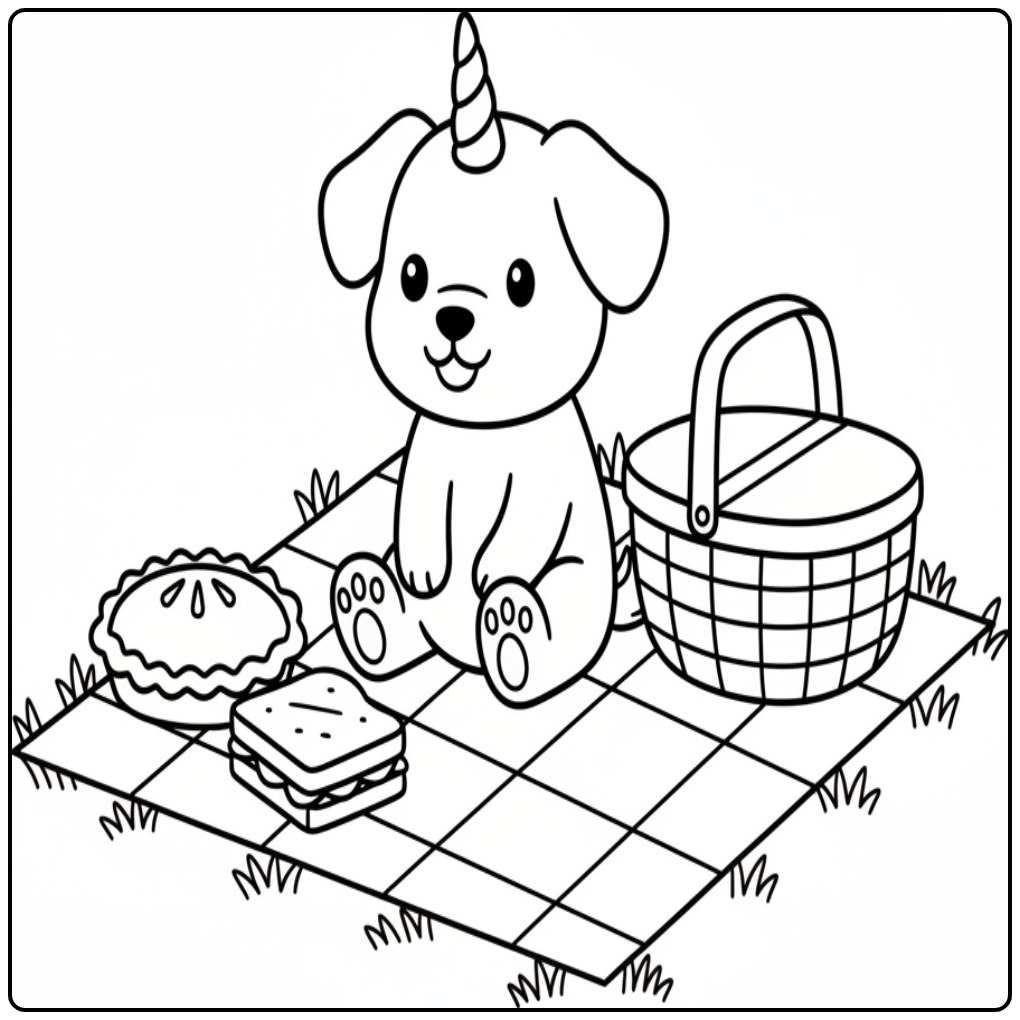 Un mignon coloriage chien licorne assis pour un pique-nique.