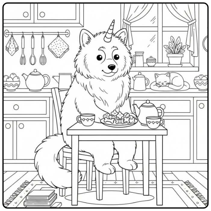 Adorable coloriage chien licorne à table dans une cuisine.