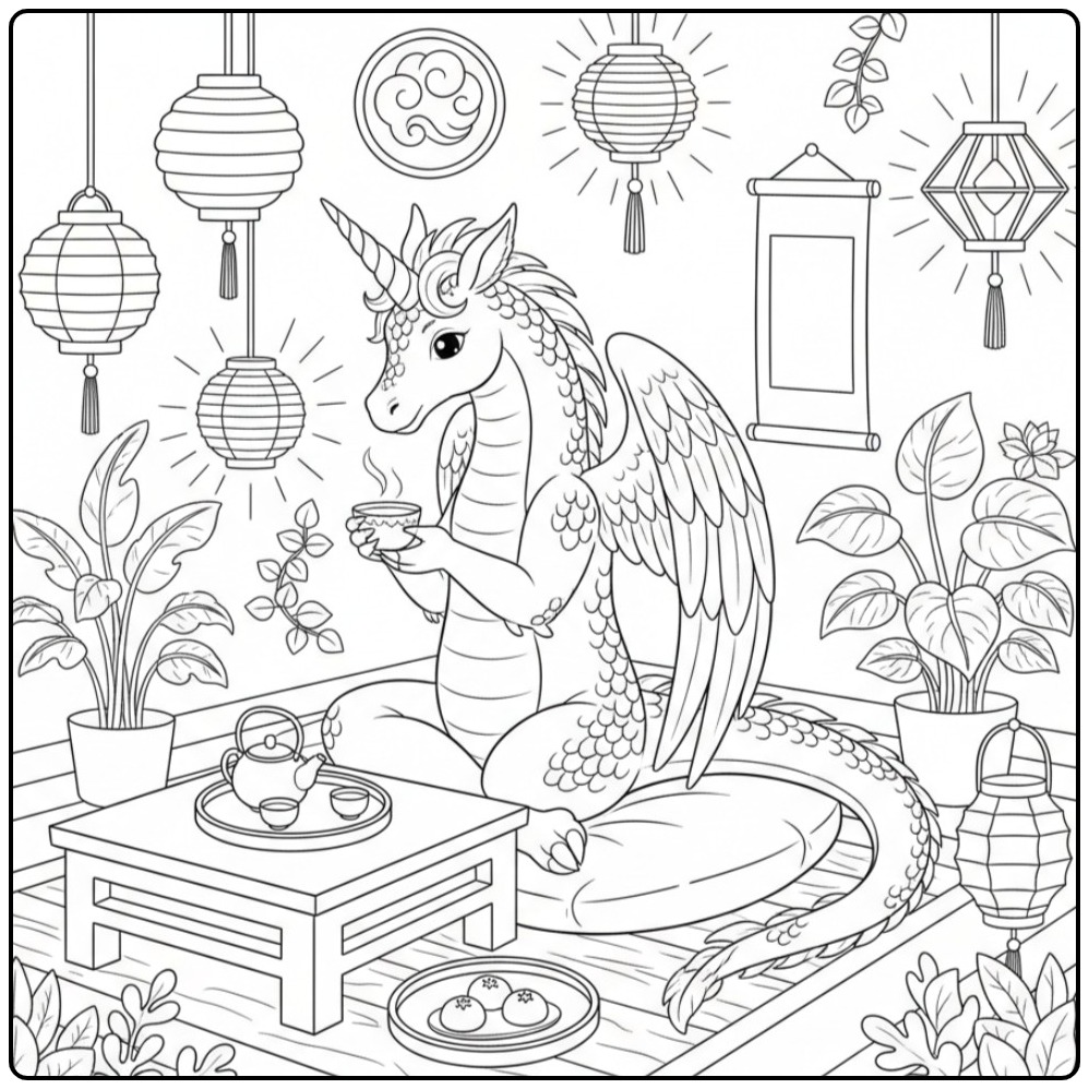 Joli coloriage dragon licorne se reposant dans un salon de thé.
