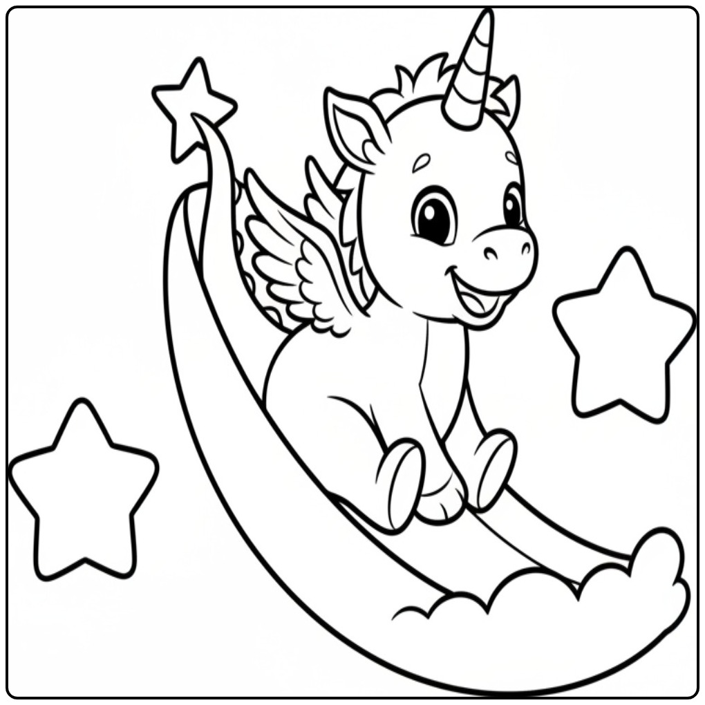 Un joli coloriage dragon licorne assis sur une lune étoilée.