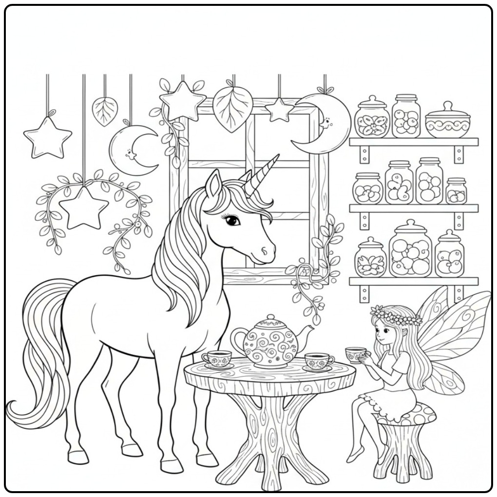 Un mignon coloriage fée licorne partageant un thé magique.