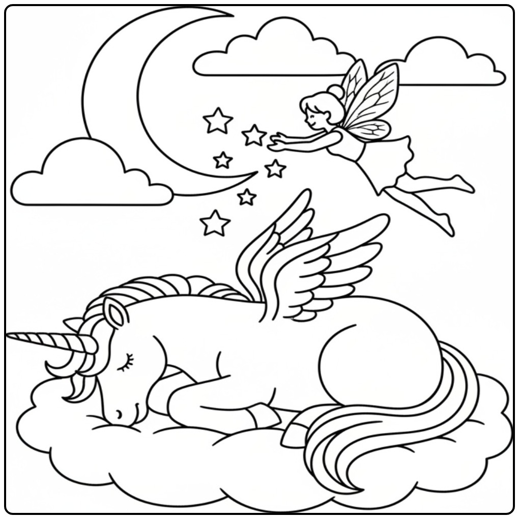 Dessin simple d'un coloriage fée licorne endormie sur un nuage.