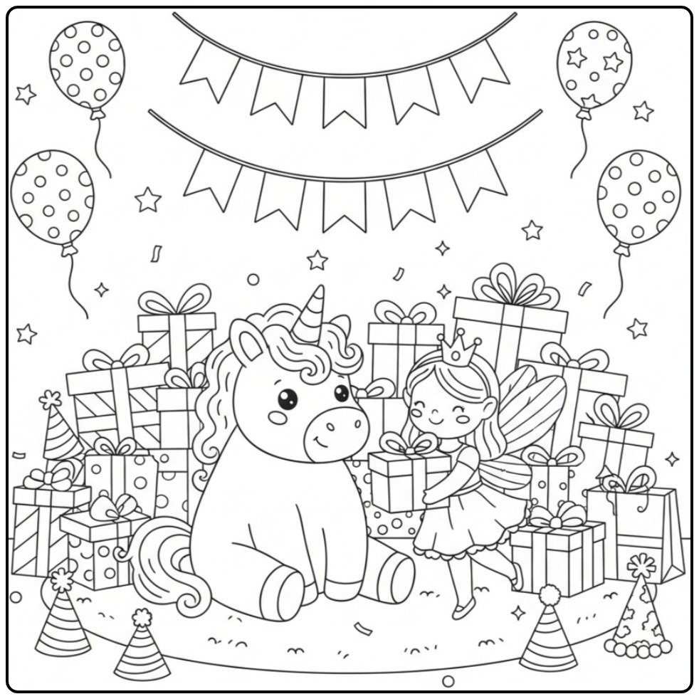Jolie scène de Coloriage Fête d'Anniversaire Licorne avec fée.