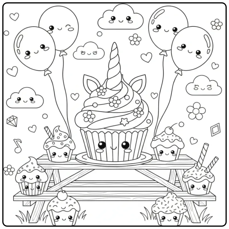 Adorable Coloriage gateau anniversaire licorne avec ballons.