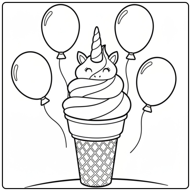 Un joyeux coloriage glace licorne avec des ballons festifs.