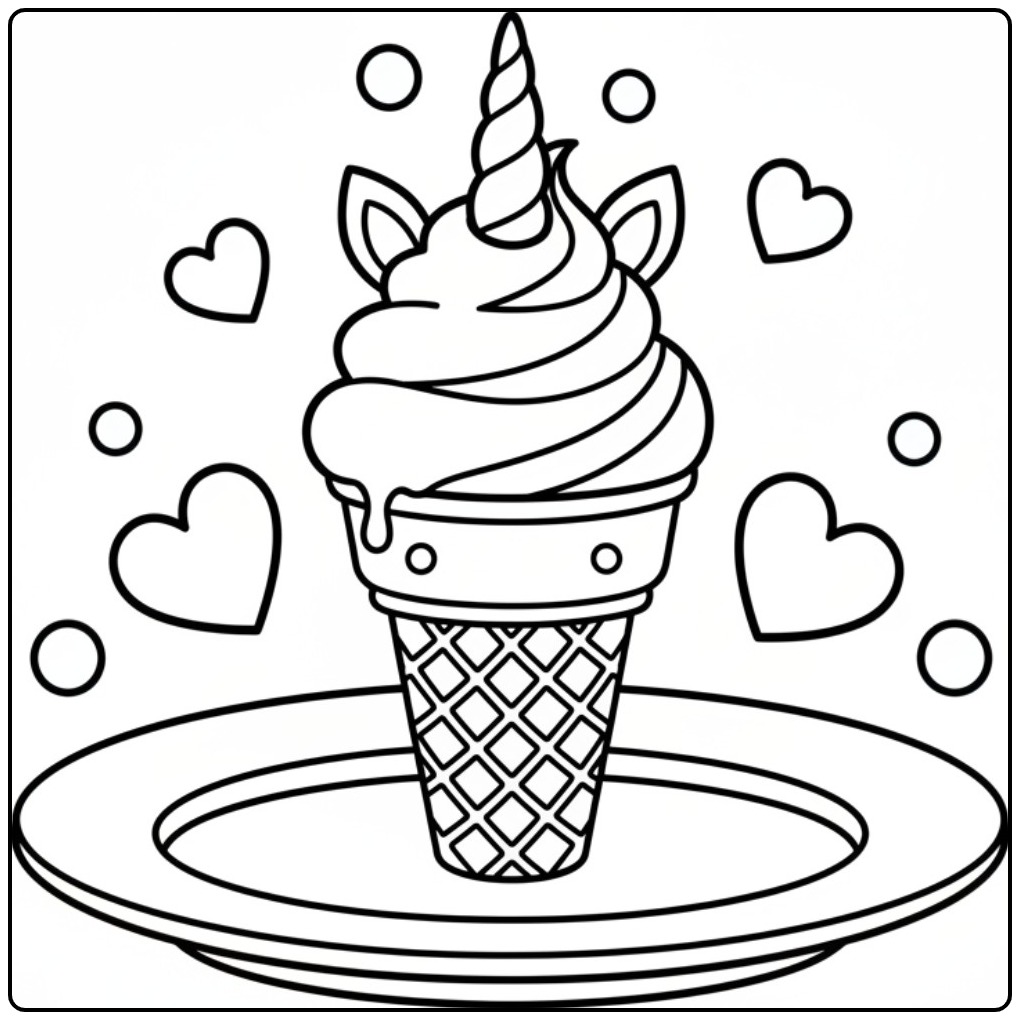 Un joli coloriage glace licorne dans son cornet avec des cœurs.