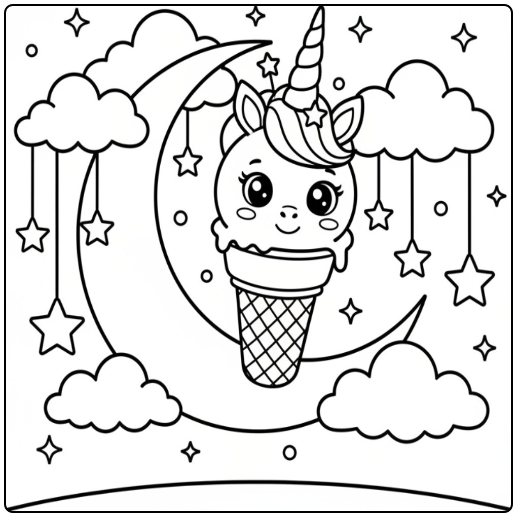 Un adorable coloriage glace licorne dans un ciel étoilé.