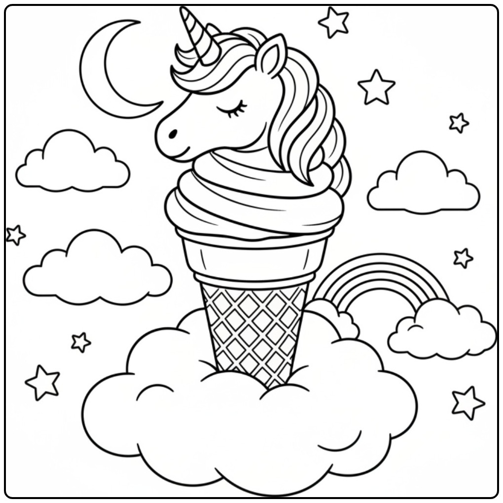 Un magique coloriage glace licorne dans un ciel étoilé.