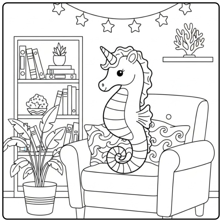 Un joli coloriage hippocampe licorne assis sur un fauteuil.