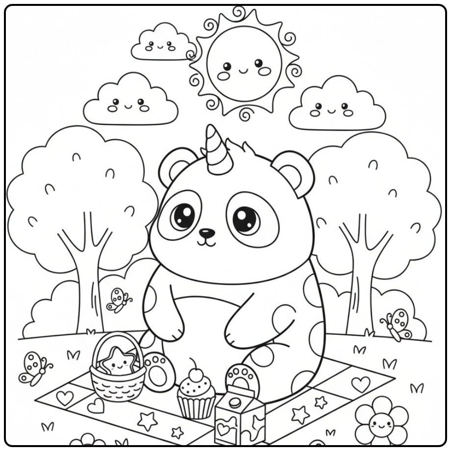 Joli coloriage kawaii panda licorne pour un pique-nique créatif.