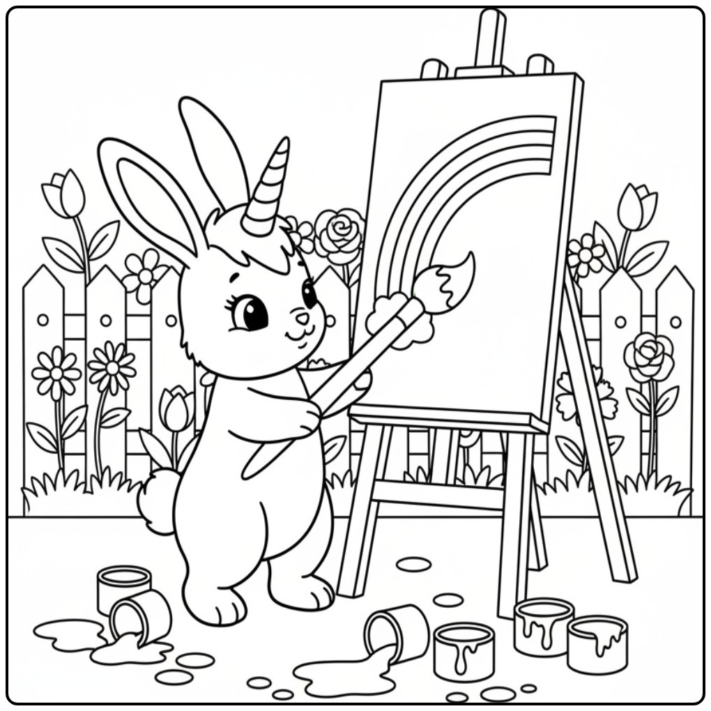 Un adorable coloriage lapin licorne qui peint un arc-en-ciel.