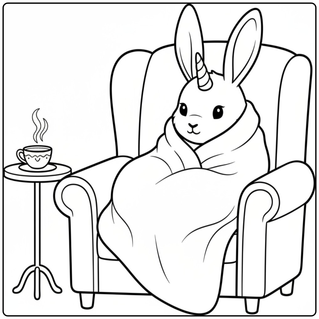 Un adorable coloriage lapin licorne se relaxant au chaud.