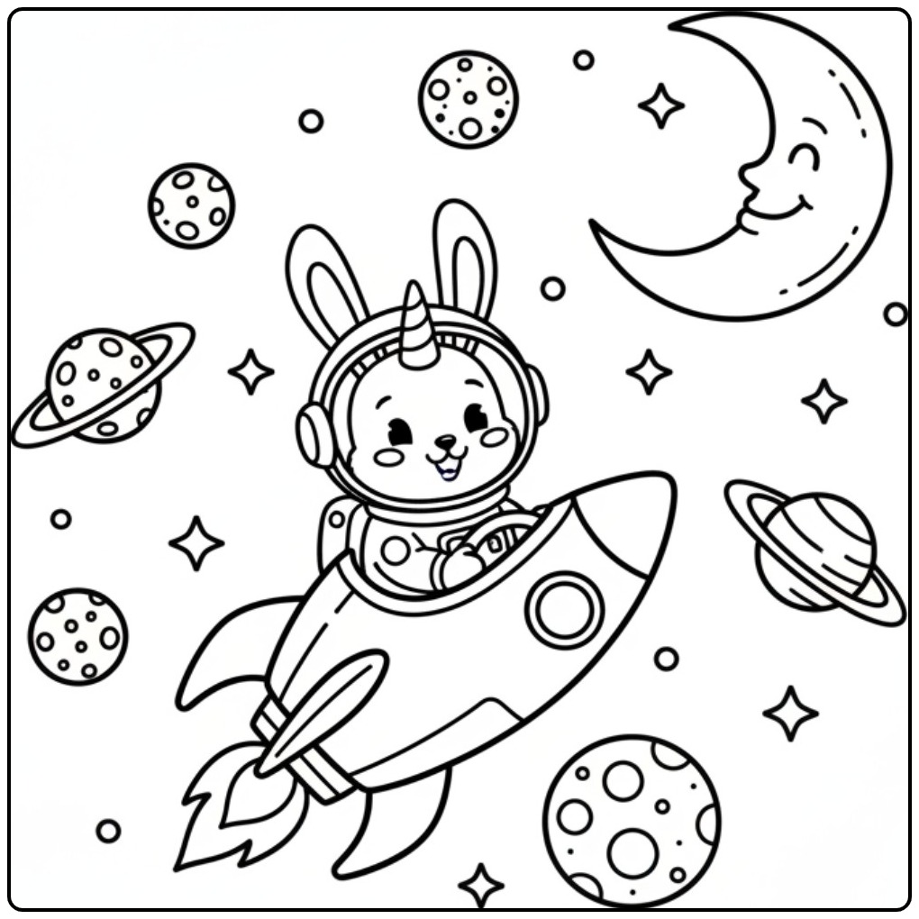 Un adorable coloriage lapin licorne astronaute dans sa fusée.