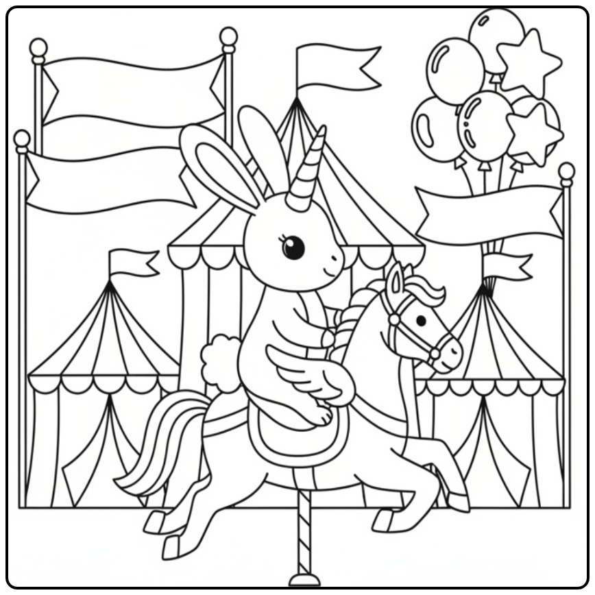 Joli coloriage lapin licorne sur un cheval de carrousel magique.