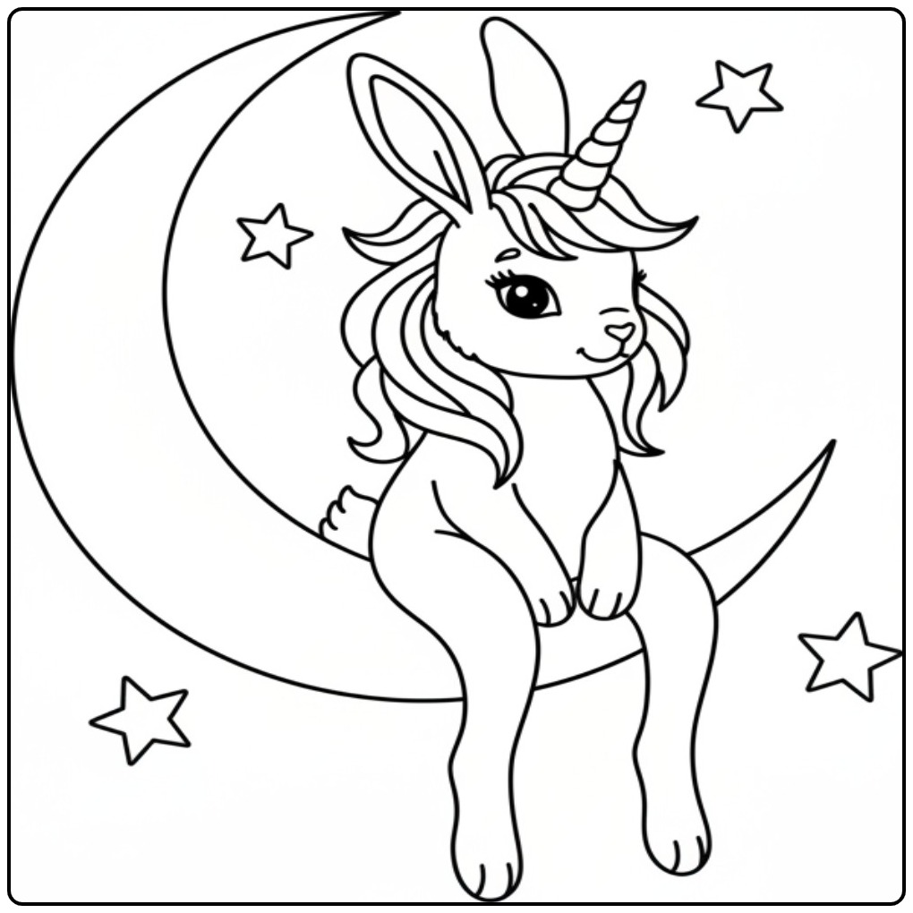 Joli coloriage lapin licorne assis sur un croissant de lune.