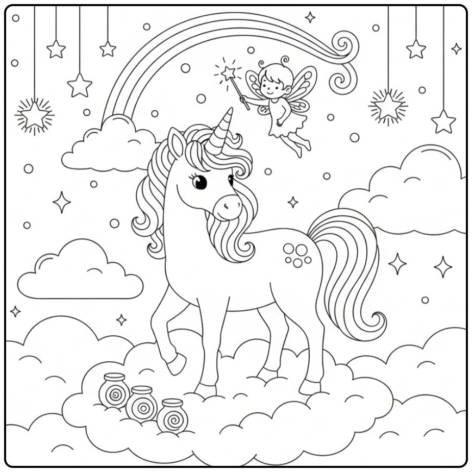 Jolie page de Coloriage Licorne et Arc-en-ciel avec une fée.