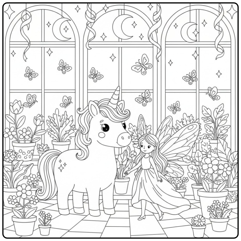 Jolie scène de Coloriage Licorne et Papillons avec une fée.