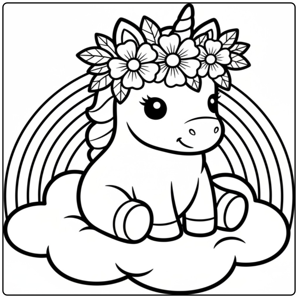 Joli coloriage licorne fleur assise sur un nuage moelleux.