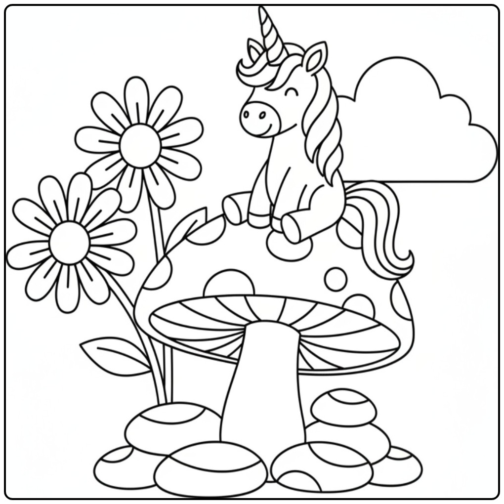 Un joli coloriage licorne fleur assise sur un champignon.