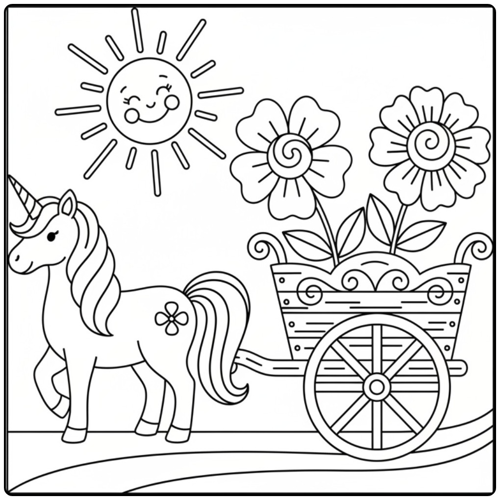 Un joli coloriage licorne fleur avec son chariot magique.