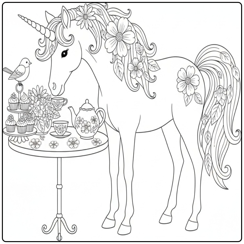 Un joli coloriage licorne fleur prenant le thé avec un oiseau.