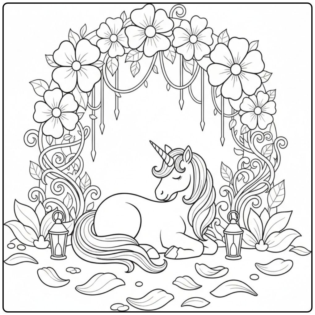 Un superbe coloriage licorne fleur avec une créature endormie.