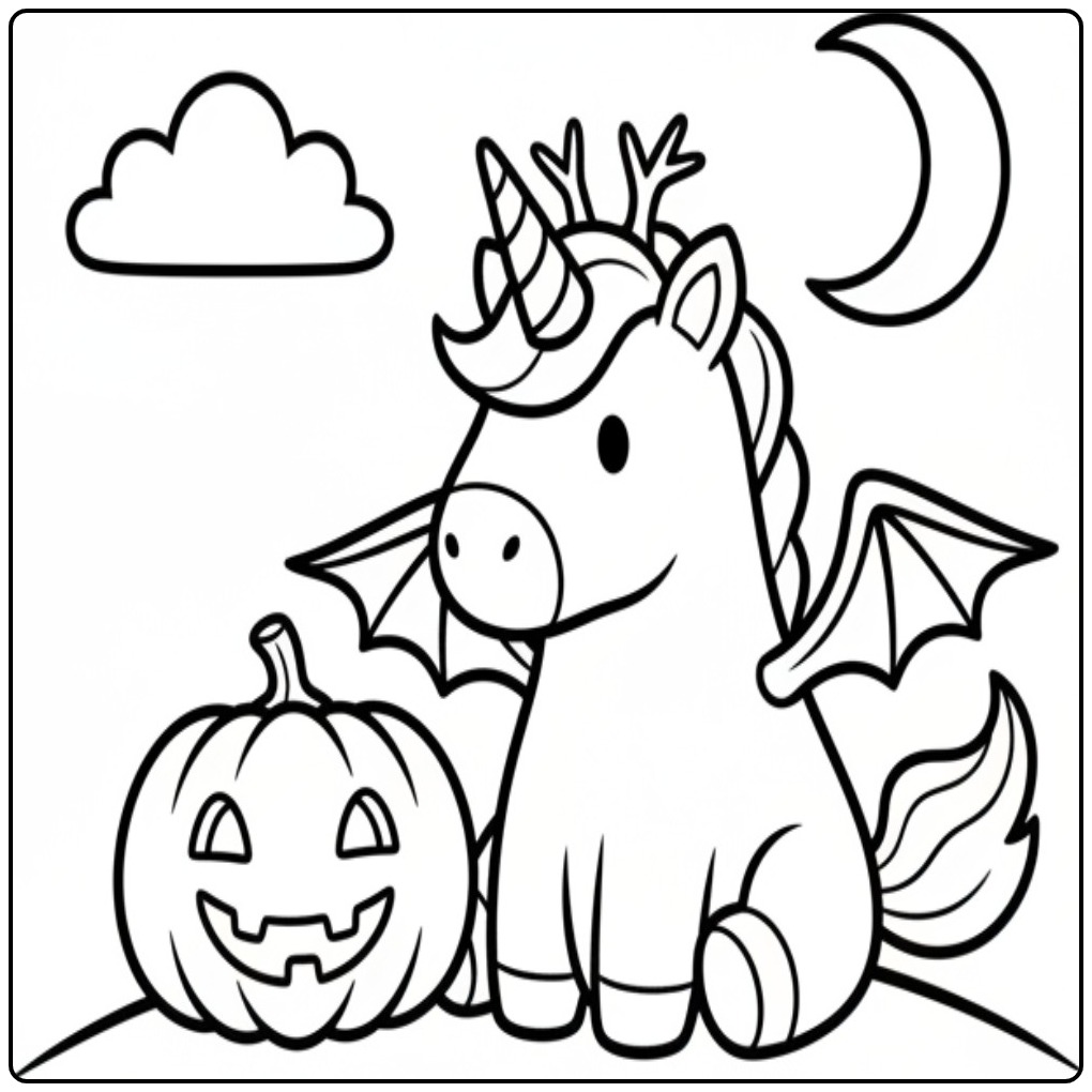 Joli coloriage licorne halloween avec une citrouille sculptée.