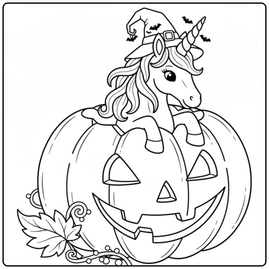 Un joli coloriage licorne halloween sortant d'une citrouille.