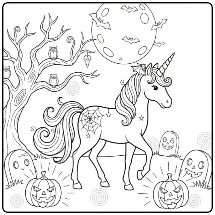 Joli coloriage licorne halloween avec citrouilles et hiboux.